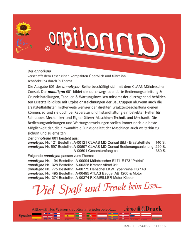 CLAAS Mähdrescher Consul Bild- Bedienungsanleitung & Bild- Ersatzteilliste mit Explosionszeichnungen - annoligno 601